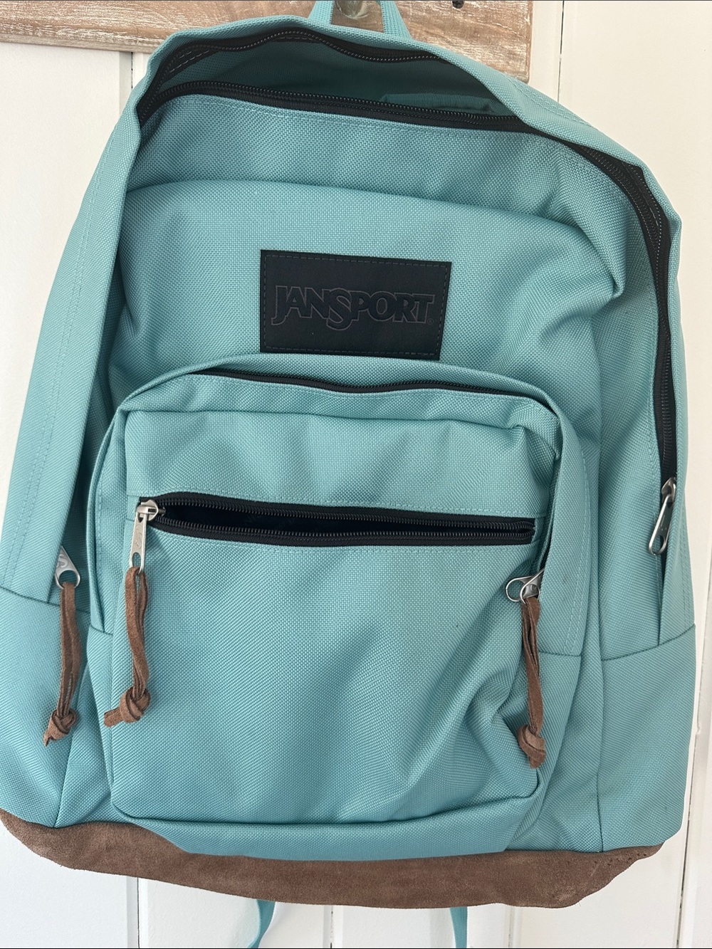 Jansport Light Teal Backpack with Brown Suede-Look Base